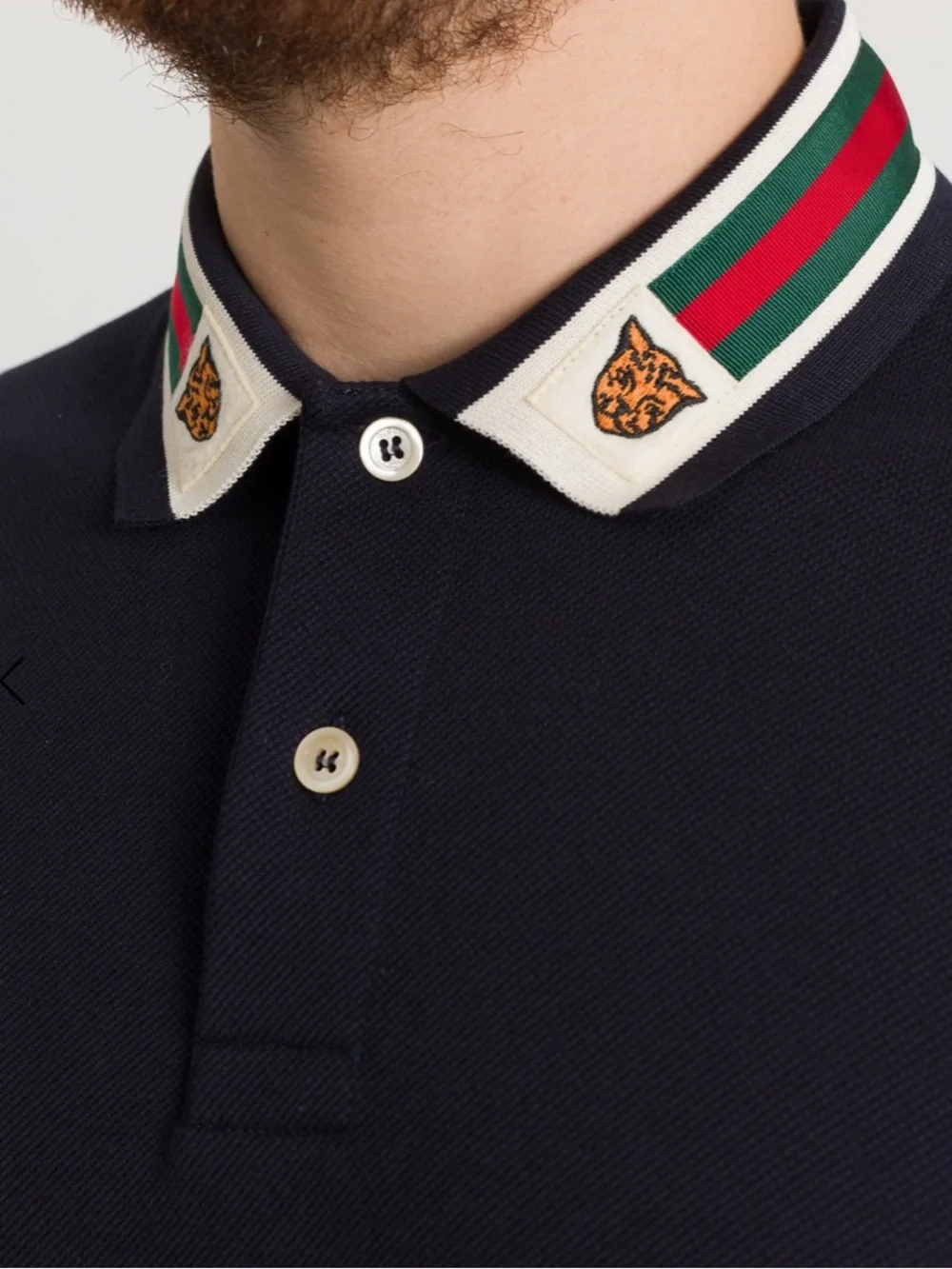 Gucci Navy Polo with Web and Tiger Collar Patches